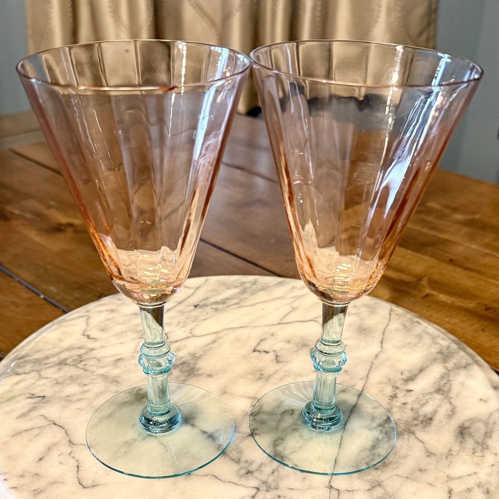 2pc VTG 1940s Morgantown Fondale Pink Optic Blue Stem Wine Goblet Uranium Glass